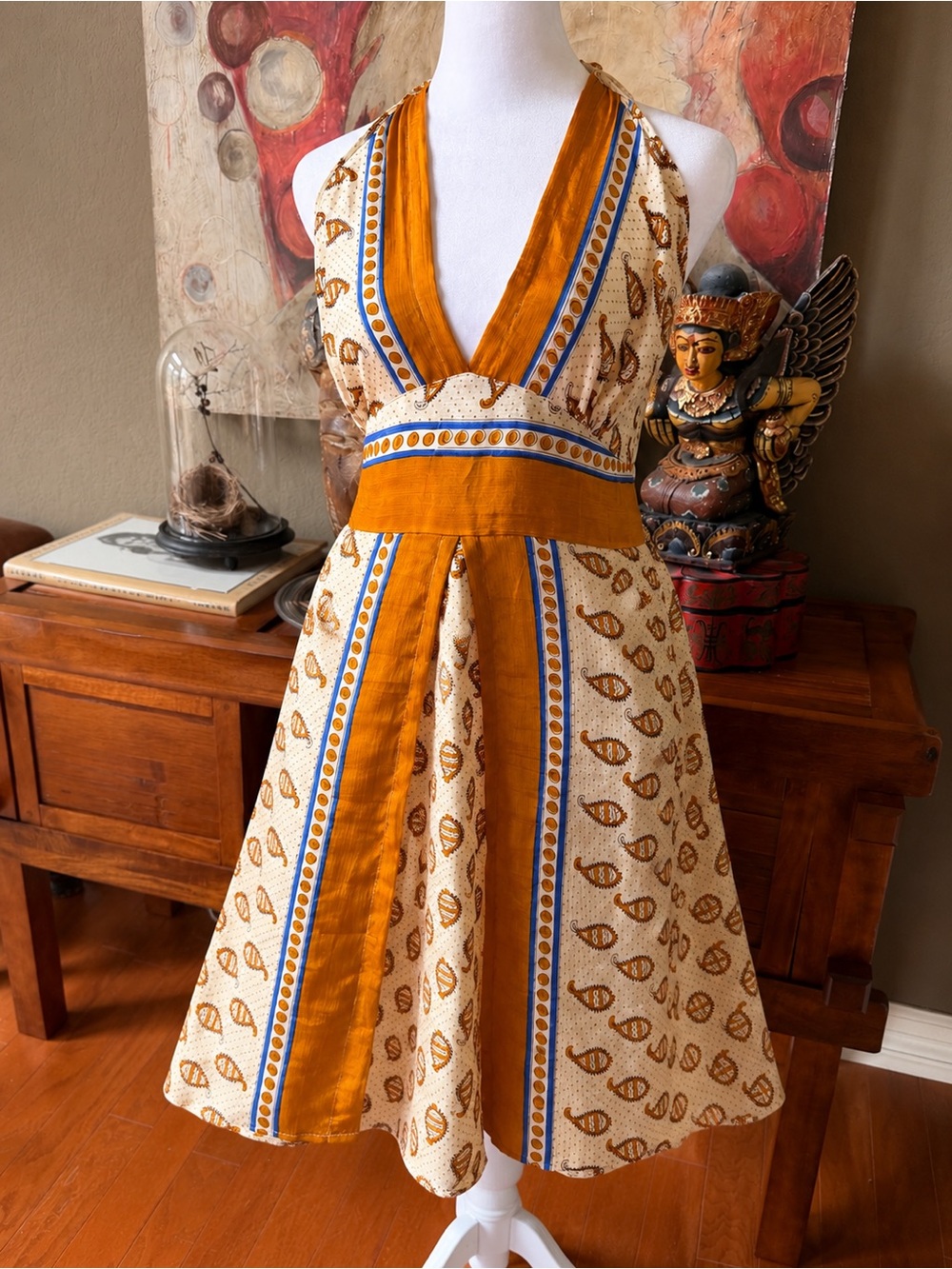 Boho Paisley Halter Dress Smocked Back Resort Vacation Sundress XS/S